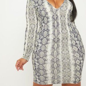 Plus Taupe Snake Print Plunge Bodycon Dress